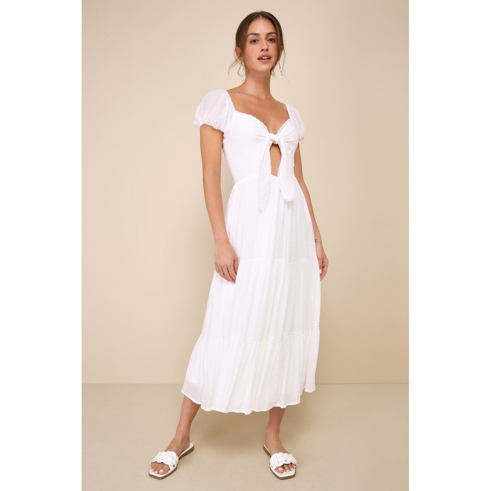 Lulus White Tie Front Puff Sleeve Tiered Midi Dress Cottagecore Lace Trim XS